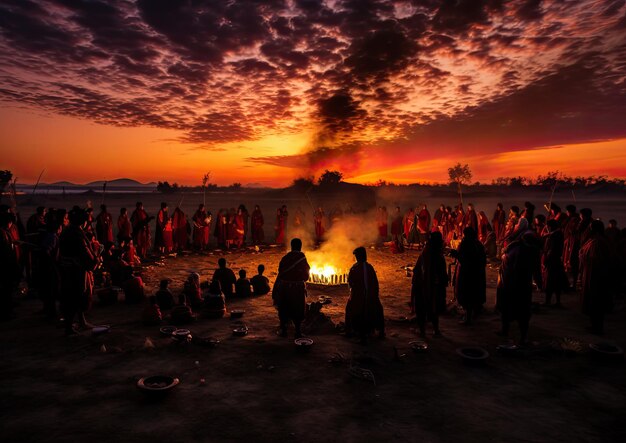 Foto uma cena em timelapse de uma cerimônia tradicional que ocorre ao nascer do sol com as cores mutáveis de