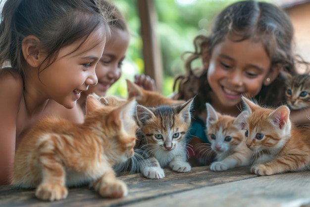 Uma cena emocionante de crianças sorridente desfrutando da companhia de gatinhos bonitos e brincalhões