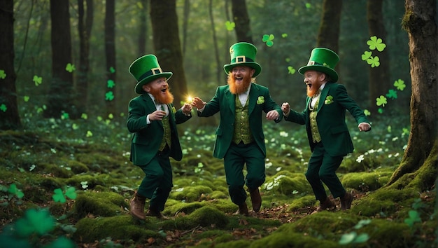 Uma cena encantadora da floresta onde leprechauns maliciosos são vistos dançando em torno de uma esmeralda brilhante