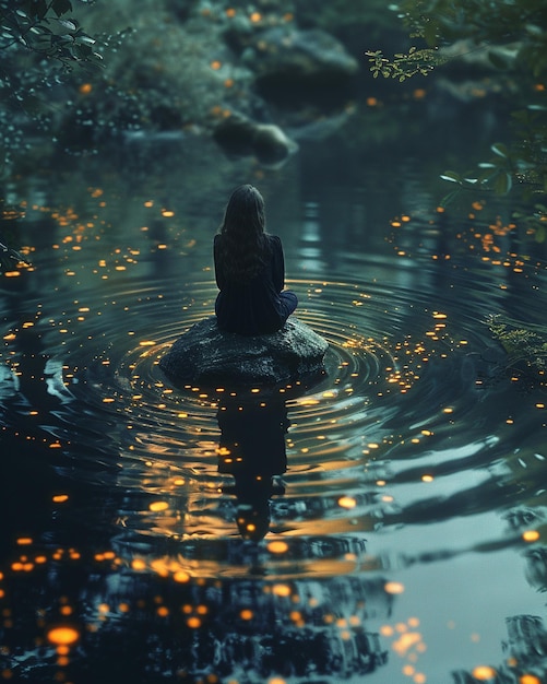 Foto uma cena encantadora de uma menina sentada ao lado do lago papel de parede