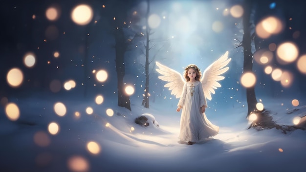 Uma cena encantadora estrelada por um lindo anjo em uma paisagem de inverno nevado Cartão de Natal