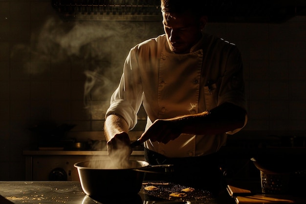 Foto uma cena épica de cozinha de um chef.