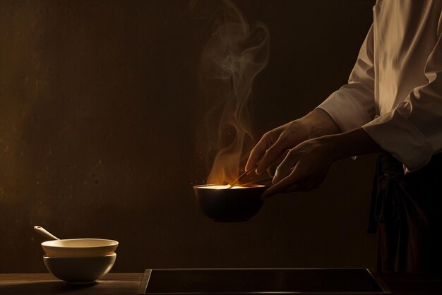 Foto uma cena épica de cozinha de um chef.