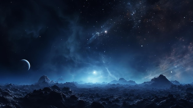 Uma cena espacial com montanhas e estrelas no céu