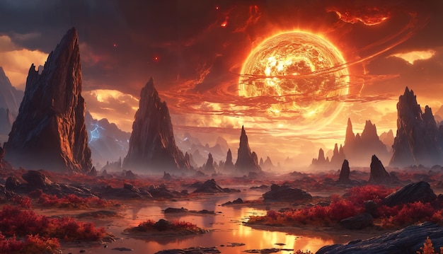 Uma cena fantástica de um sol alienígena a pôr-se sobre uma paisagem rochosa o sol está posicionado no centro da cena cercado por uma multidão de montanhas