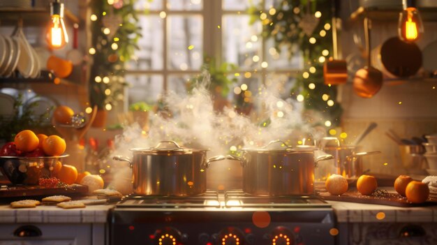 Foto uma cena festiva de cozinha de férias com panelas borbulhando no fogão e biscoitos assados no forno enchendo o ar com aromas alegres