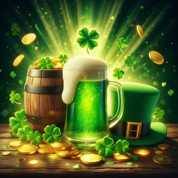 Uma cena festiva de São Patrício com uma grande xícara de cerveja verde e um pote de ouro