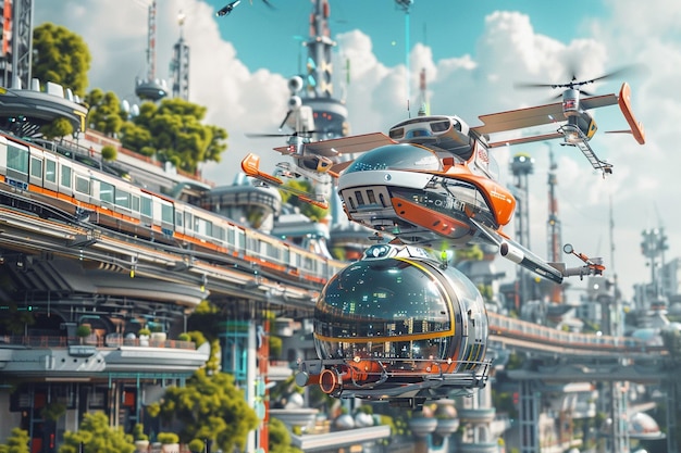 Foto uma cena futurista de uma nave espacial com um helicóptero no topo e um fundo de céu