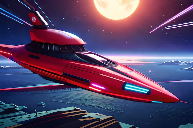Uma cena futurística com uma nave espacial à distância e um planeta ao fundo passageiro voador