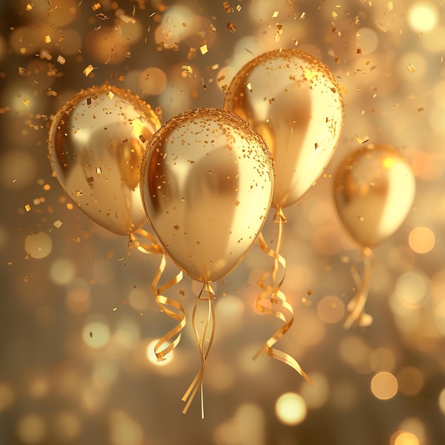 Uma cena hiperrealista de balões de ouro flutuantes com fitas brilhantes em uma dança serena AI Generative