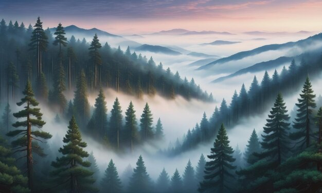 Foto uma cena hipnotizante de uma névoa da noite acariciando suavemente os topos de uma majestosa floresta de pinheiros