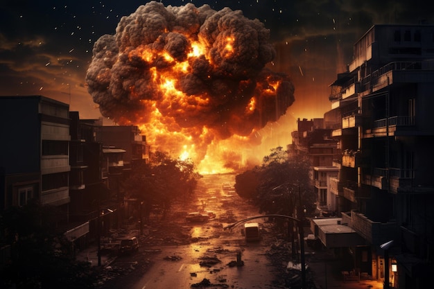 Uma cena horrível de uma cidade atingida por uma bomba nuclear Uma nuvem de cogumelo e uma bola de fogo consumiram os prédios e ruas generative ai