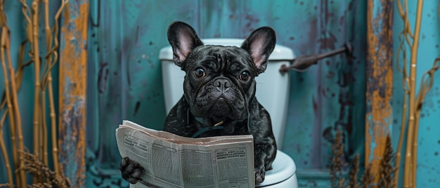 Uma cena humorística com um bulldog francês preto sentado em um banheiro lendo um jornal