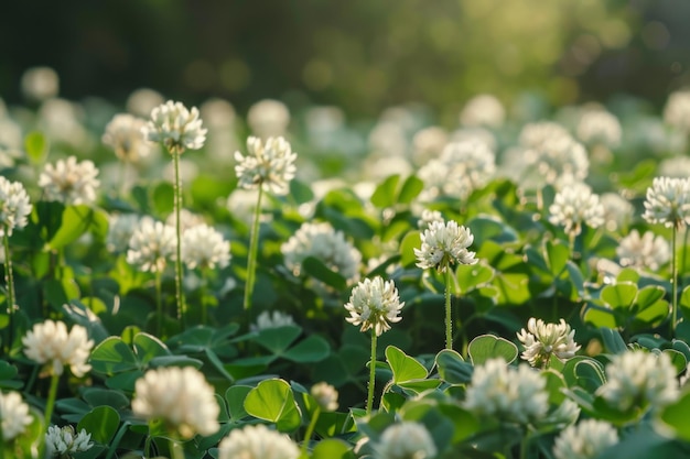 Uma cena idílica de flores brancas dançando em meio a um mar de grama verde exuberante Uma cativante sinfonia de cores na natureza39s abraça o prado de trevo branco