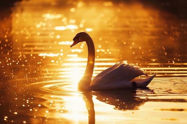 Uma cena idílica de um cisne a tomar o sol no l generativo dourado ai