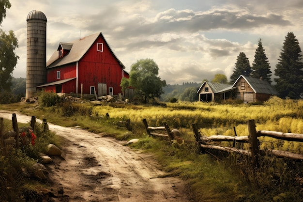 Uma cena idílica de uma fazenda com um celeiro vermelho vibrante capturando a beleza da vida rural Uma zona rural antiquada com celeiros rústicos e terras agrícolas onduladas Geradas por IA