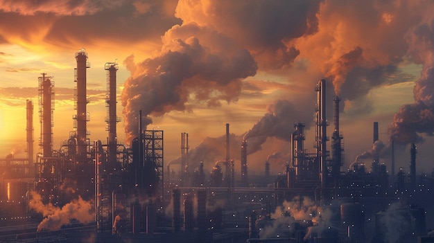 uma cena imersiva com uma refinaria de petróleo e gás torres de destilação e chaminés fumegantes sob um céu dramático capturando a magnitude da atividade industrial