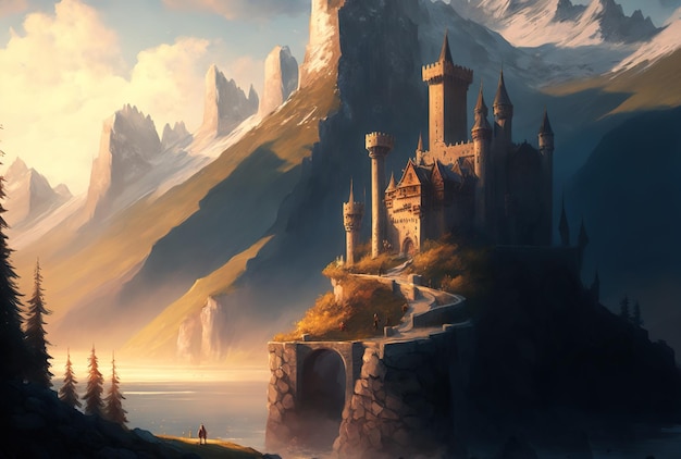 Uma cena incluindo um castelo e montanhas