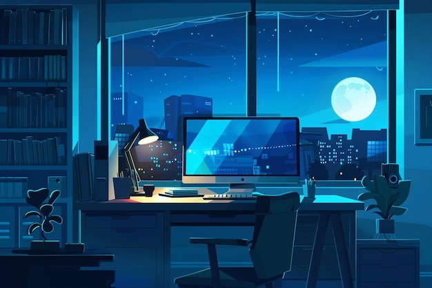 Uma cena íntima de um escritório em casa tarde da noite