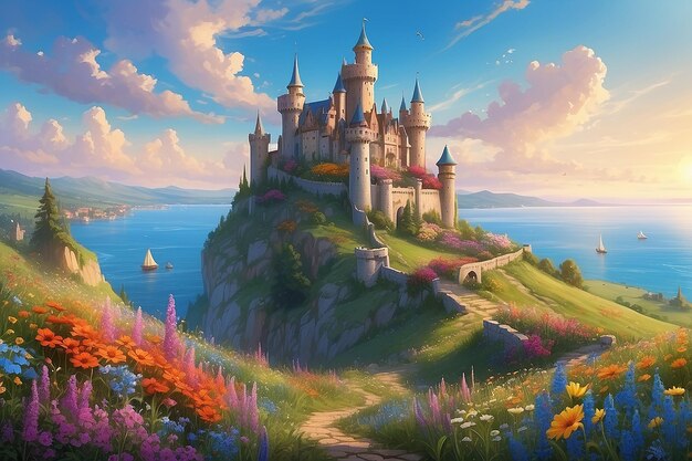 Uma cena mágica de um castelo de conto de fadas no topo de uma colina cercado por um mar de flores silvestres coloridas as torres do castelo se erguem acima da paisagem criando uma sensação de maravilha e mistério