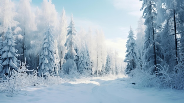 Uma cena mágica e encantadora de uma floresta de neve prístina com luz solar e sombras