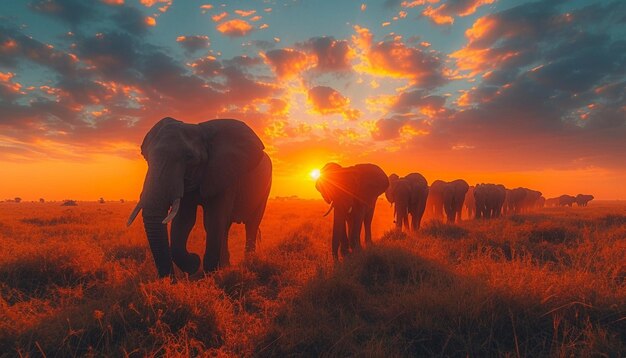 uma cena majestosa de uma manada de elefantes caminhando pela savana africana ao pôr do sol