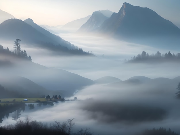 Uma cena matinal enevoada com neblina rolando sobre um lago sereno e montanhas ao fundo