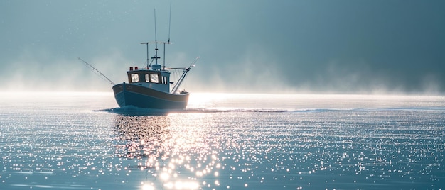 Uma cena matinal pacífica se desenrola enquanto um barco de pesca desliza pelas águas brilhantes.