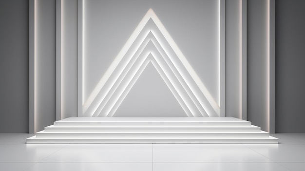 Uma cena minimalista de exibição de tecnologia de pódio de degraus geométricos com lâmpada de néon