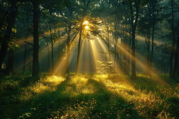 Uma cena mística da floresta com a luz do sol filtrando através das árvores lançando sombras encantadoras