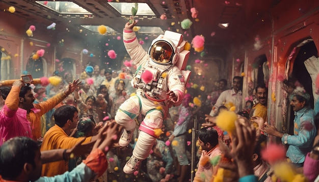 uma cena mostrando uma celebração de Holi no espaço