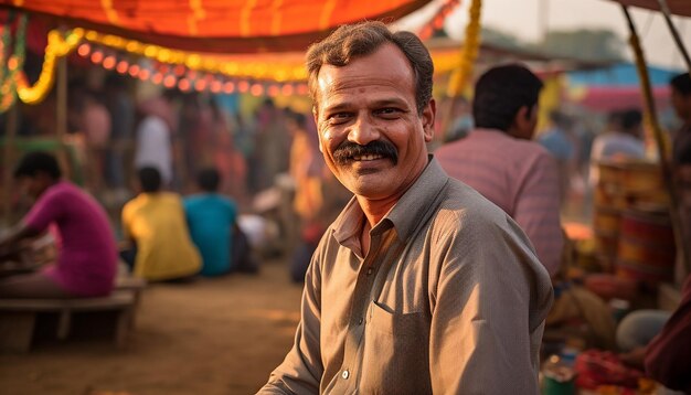 Foto uma cena movimentada da feira de makar sankranti focando nos rostos alegres das pessoas e na variedade de cores