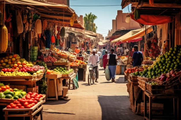 Uma cena movimentada enquanto um grupo diversificado de indivíduos caminha por uma área de mercado vibrante cercada de barracas e vendedores ansiosos Um mercado de rua animado em Marrakech Gerado por IA