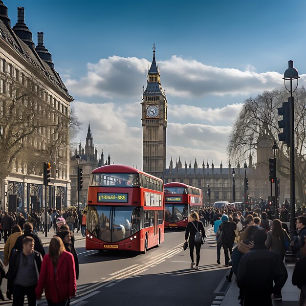 Uma cena movimentada no coração de Londres Os principais temas deveriam ser o icónico autocarro vermelho