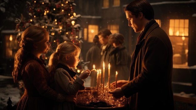 uma cena nostálgica de uma família reunida em torno de uma árvore de Natal lindamente decorada