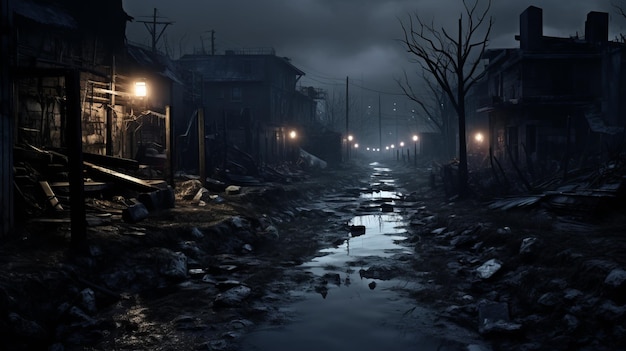 Uma cena noturna assustadora numa rua de uma cidade apocalíptica