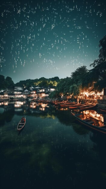 Uma cena noturna com um barco na água e um céu estrelado acima dele.