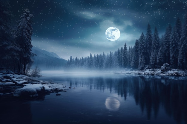 uma cena noturna com uma lua cheia sobre um lago