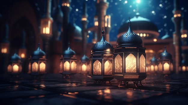 Uma cena noturna com uma mesquita e luzes.