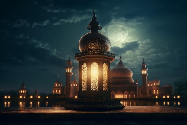 Uma cena noturna com uma mesquita e uma lua cheia Ramadan Eid Ul Fitr Generative ai