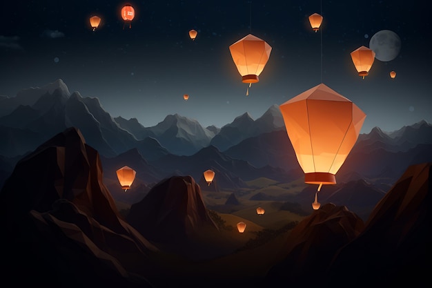 Uma cena noturna de uma lanterna de papel voando acima das montanhas