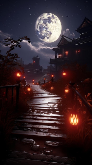 uma cena noturna escura com lanternas e lua cheia ao fundo