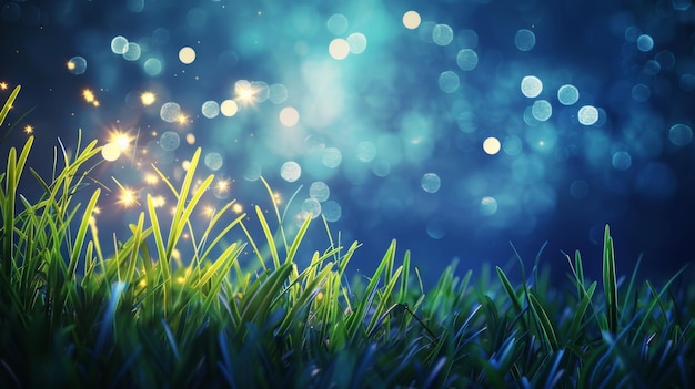 Foto uma cena noturna mágica com vaga-lumes brilhantes sobre a grama.