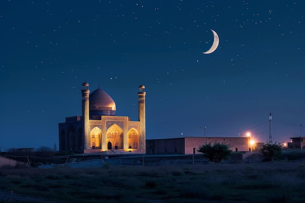 Foto uma cena noturna pacífica com uma lua crescente iluminando uma antiga mesquita significando