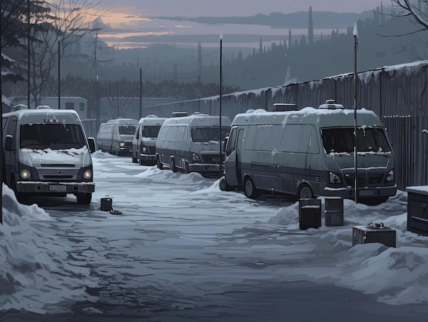 Foto uma cena onde os veículos estão estacionados na neve no estilo de branco escuro e cinza