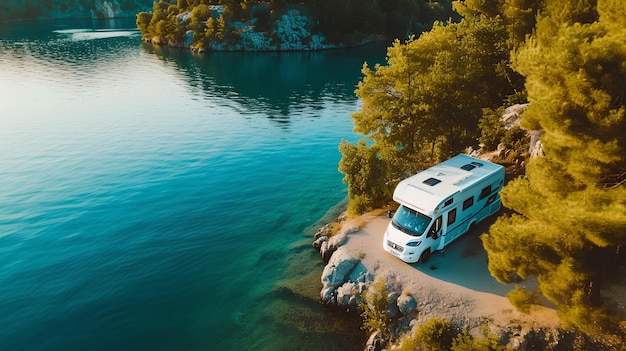 Uma cena pacífica de acampamento de RV à beira do lago, perfeita para projetos temáticos de aventura e viagem, natureza e natureza selvagem, fuga da IA.