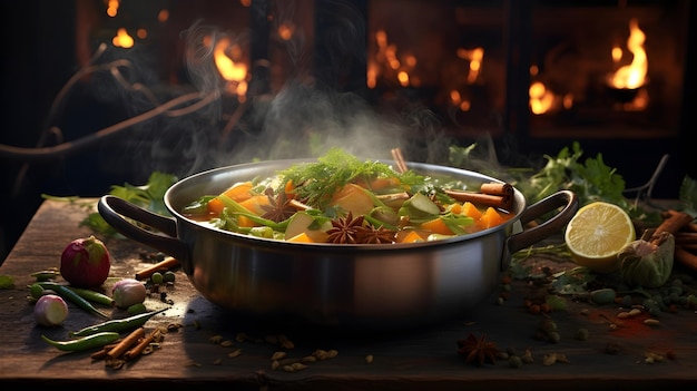 Uma cena pitoresca de um curry de vegetais fervendo no fogão