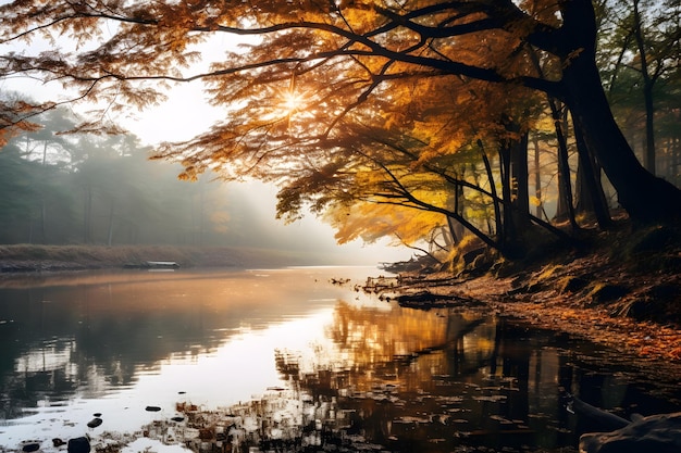 uma cena ribeirinha tranquila com reflexos de outono destacando a harmonia da natureza durante o equinócio