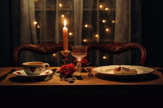 Foto uma cena romântica com velas e pratos emoldurando o espaço de texto