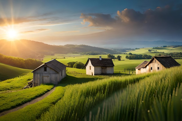 Uma cena rural com um campo e casas em primeiro plano e um céu nublado ao fundo.